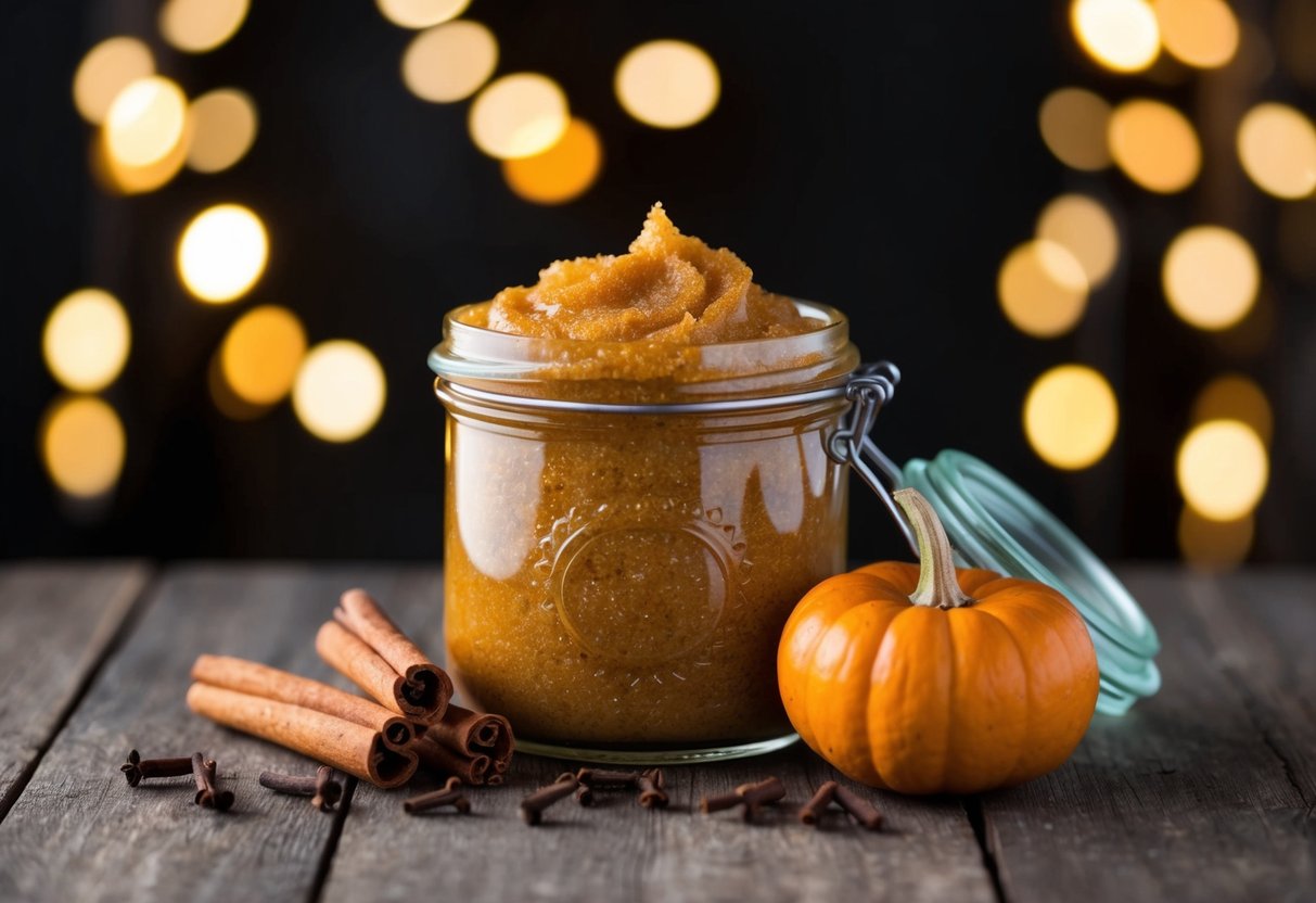 A mason jar filled with pumpkin spice sugar scrub, surrounded by cinnamon sticks, cloves, and a small pumpkin