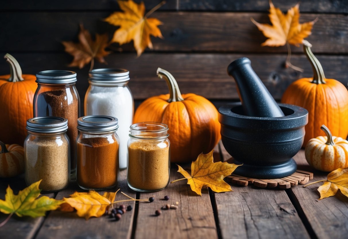 A rustic wooden table with jars of sugar, spices, and pumpkins, surrounded by autumn leaves and a mortar and pestle