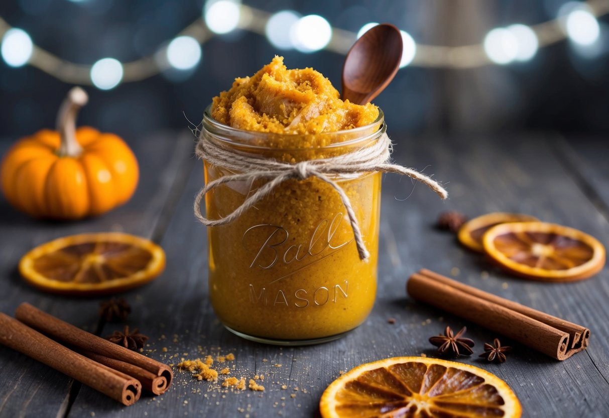 A mason jar filled with pumpkin spice scrub, tied with twine and adorned with a small wooden spoon, surrounded by scattered cinnamon sticks and dried orange slices