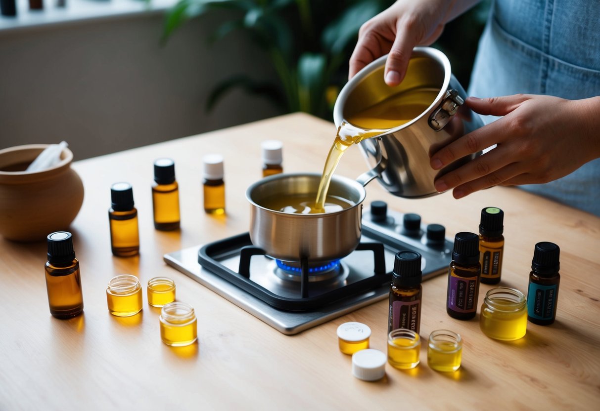 A table with various essential oils, beeswax, and small containers. A small pot on a stove, melting beeswax. A person pouring melted beeswax into containers with essential oils