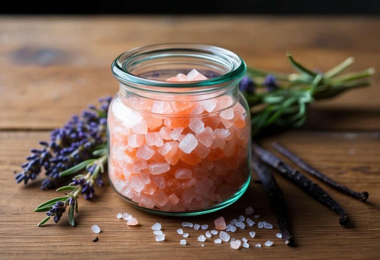 A glass jar filled with pink Himalayan salt, surrounded by sprigs of lavender and vanilla pods, on a wooden table