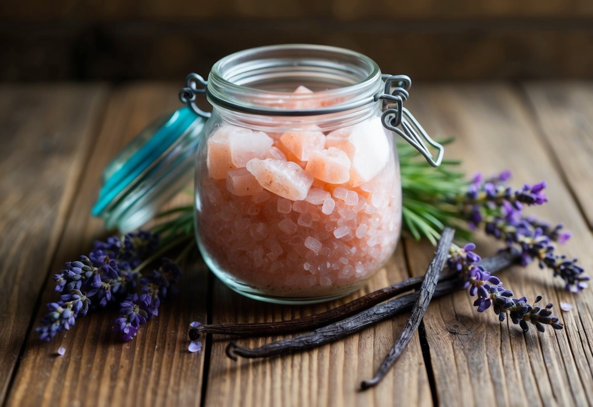 A glass jar filled with pink Himalayan salt, surrounded by sprigs of lavender and vanilla beans, ready to be mixed into a luxurious DIY salt scrub