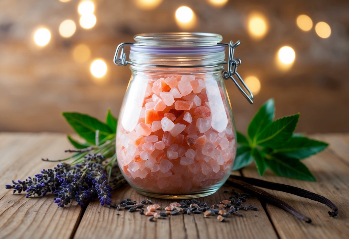 A glass jar filled with pink Himalayan salt, surrounded by sprigs of lavender and vanilla beans on a wooden table