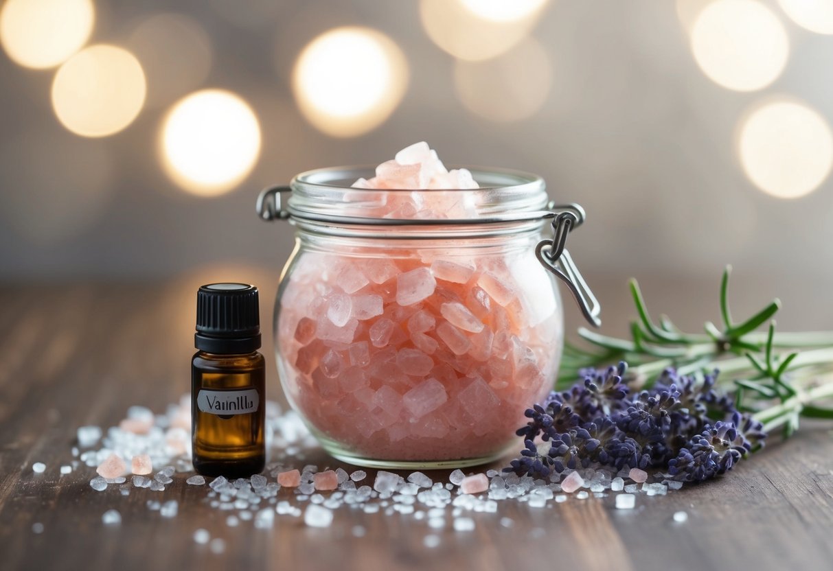 A glass jar filled with pink Himalayan salt, lavender and vanilla essential oils, surrounded by scattered salt crystals and sprigs of lavender