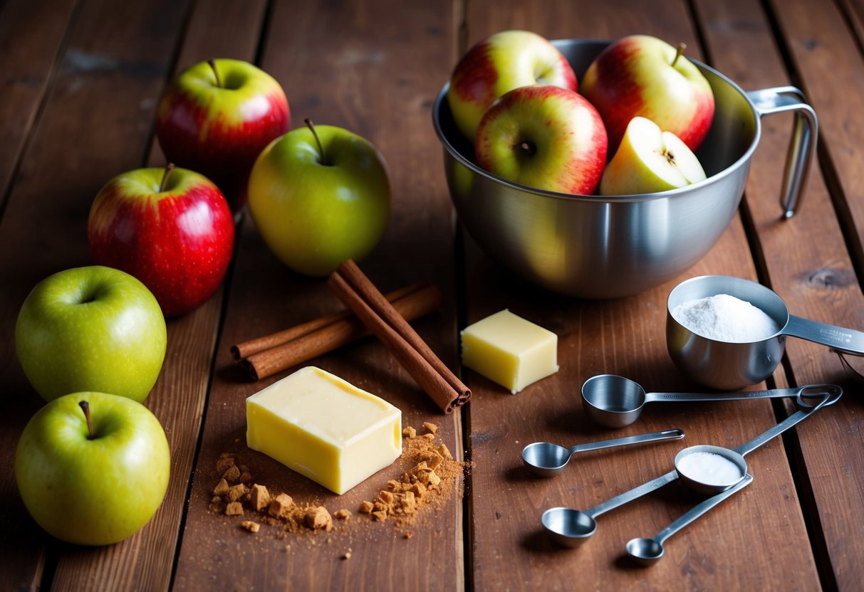 A wooden table with fresh apples, shea butter, and cinnamon sticks. A mixing bowl, measuring spoons, and a hand mixer are ready for use