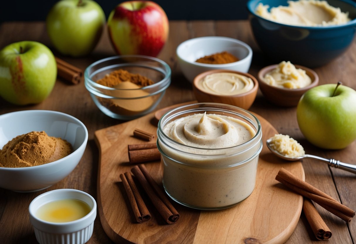 A table filled with ingredients for apple pie body butter, including apples, cinnamon, and shea butter, surrounded by mixing bowls and utensils