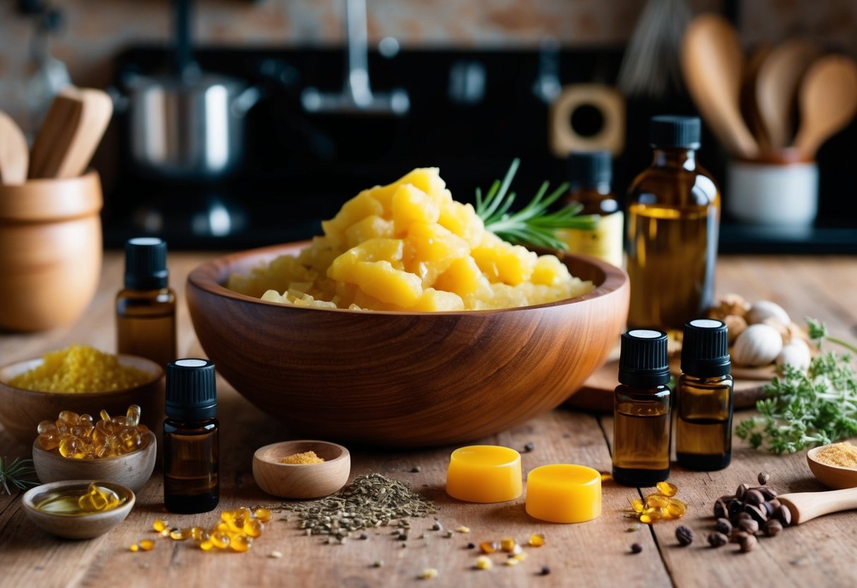 A rustic kitchen counter with a wooden bowl filled with organic grass-fed tallow, surrounded by various essential oils, beeswax, and other natural ingredients for making tallow balm