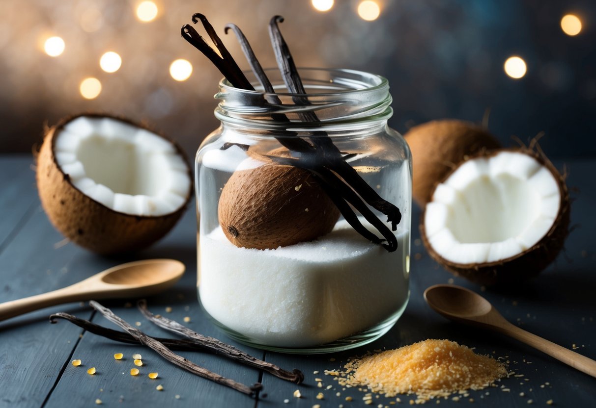 A glass jar filled with vanilla beans, coconuts, and sugar, surrounded by scattered ingredients and a wooden spoon