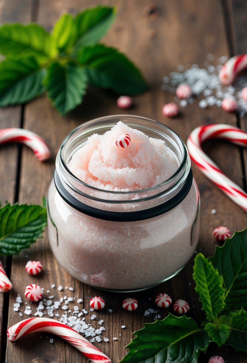 A glass jar filled with candy cane sugar scrub sits on a wooden table surrounded by fresh peppermint leaves and candy canes