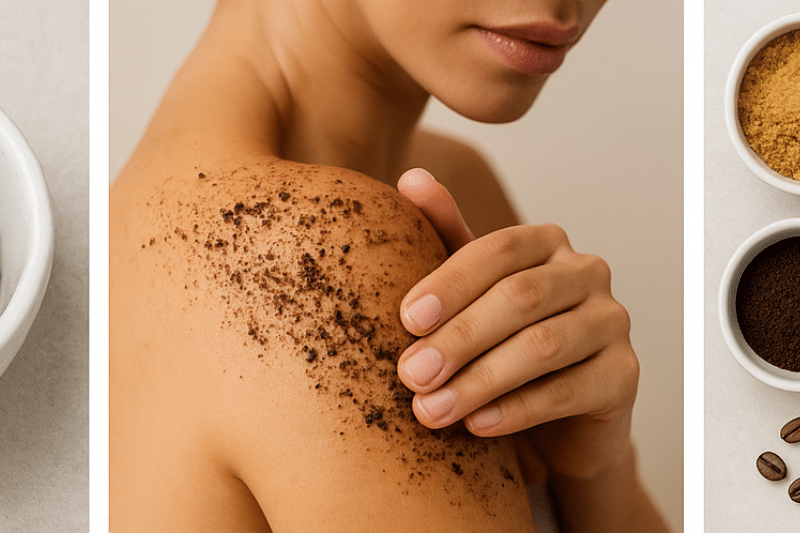 Applying homemade coffee and sugar scrub to skin