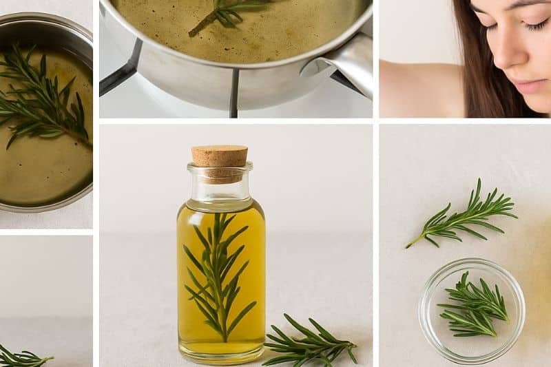 Applying rosemary water hair rinse onto scalp and hair