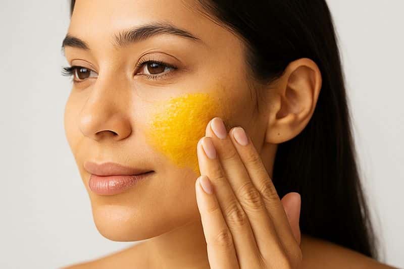 Applying turmeric rice flour face scrub to skin