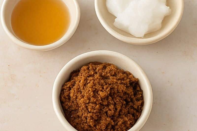 Brown sugar coconut oil scrub ingredients in bowls