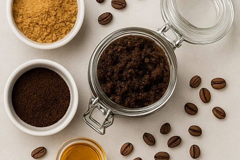 DIY beauty flat lay with coffee, sugar, and scrub in jar