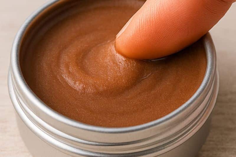 Smooth chocolate mint lip balm texture being applied from a small tin