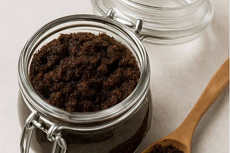 DIY coffee and sugar scrub in glass jar with open lid