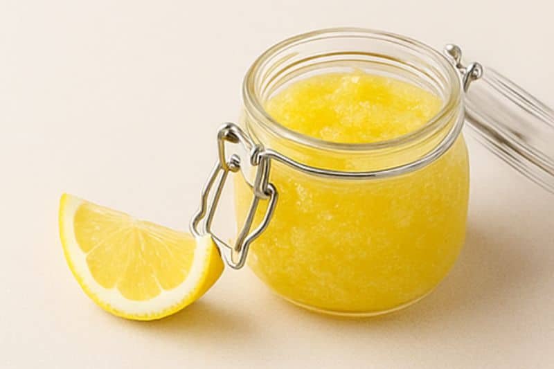 DIY lemon and honey body scrub in glass jar with open lid