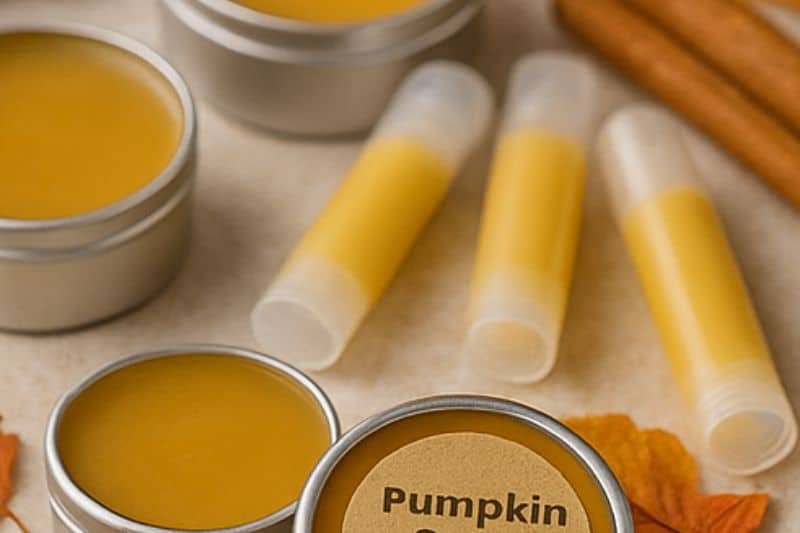 Finished pumpkin spice lip balm in tins and tubes ready for gifting