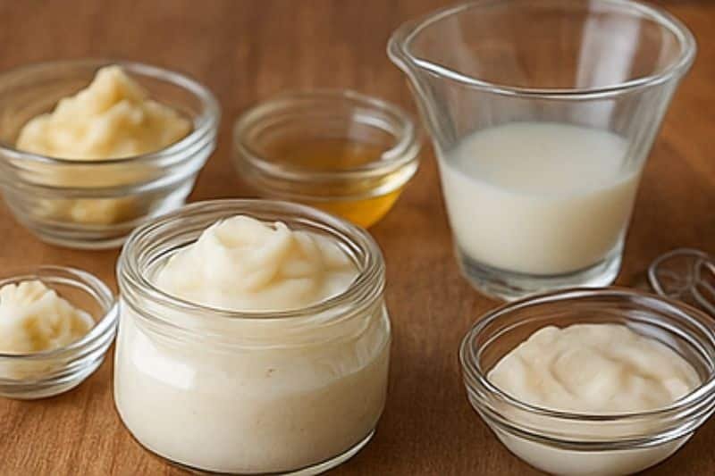 DIY shea butter lotion ingredients: shea butter, oils, beeswax, and vitamin E displayed on a wooden table