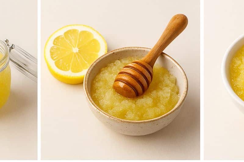 Homemade sugar scrub with lemon slices and honey dipper