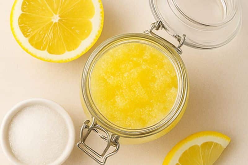 DIY beauty flat lay with lemon, honey, and sugar body scrub