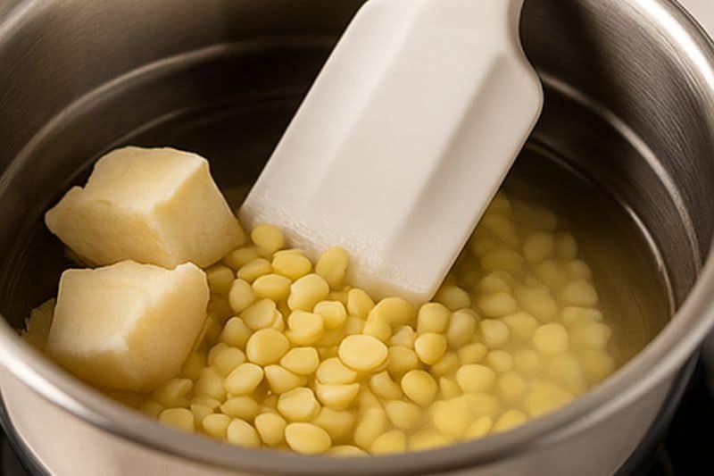 Beeswax pastilles, shea butter, coffee infused oil and vitamin E arranged for coffee lip balm