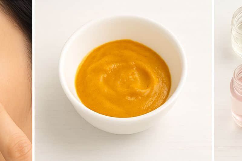 Mixing turmeric under eye mask paste in a small bowl with spoon