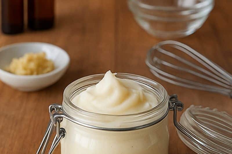 Mixing melted shea butter, oils, and beeswax in a glass bowl to create homemade lotion