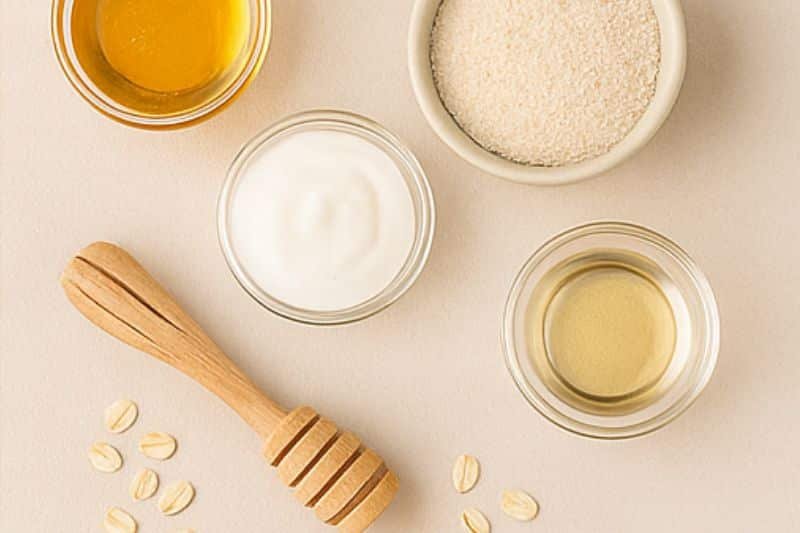 DIY beauty flat lay with oatmeal, yogurt, and honey scrub