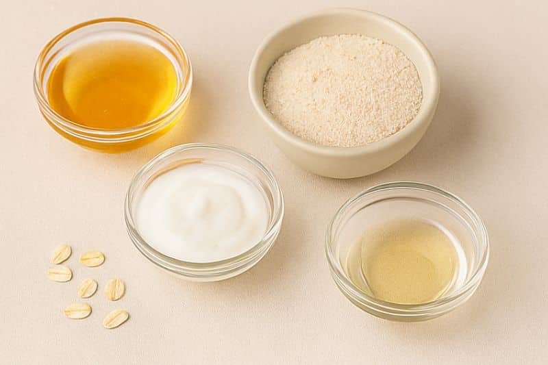 Homemade oatmeal yogurt scrub ingredients in bowls