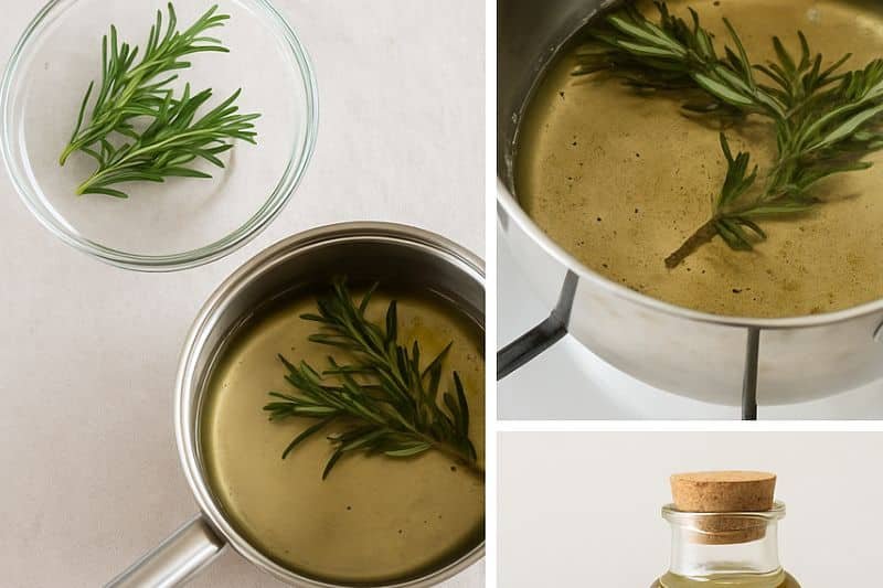 DIY beauty flat lay with rosemary sprigs, glass bottle, and hair rinse preparation