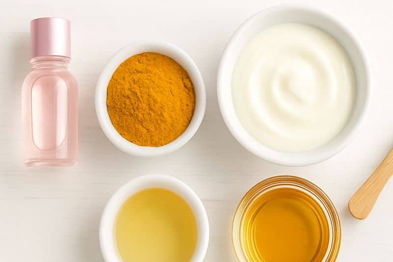 Flat lay of turmeric under eye mask ingredients including turmeric powder, rose water, yogurt, honey, and almond oil