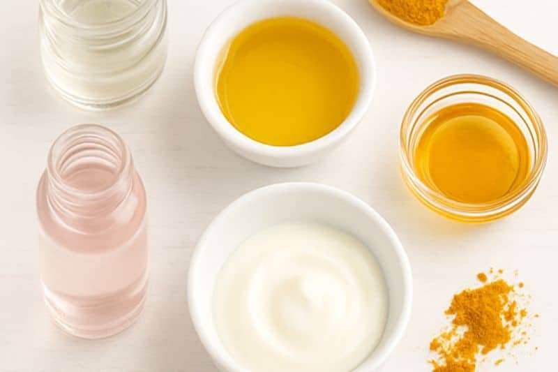 DIY beauty flat lay with turmeric powder, honey, yogurt, and almond oil for under eye mask