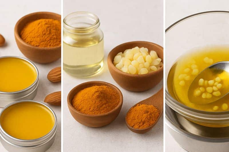 Almond oil, beeswax pastilles, turmeric powder and vitamin E arranged for DIY lip balm