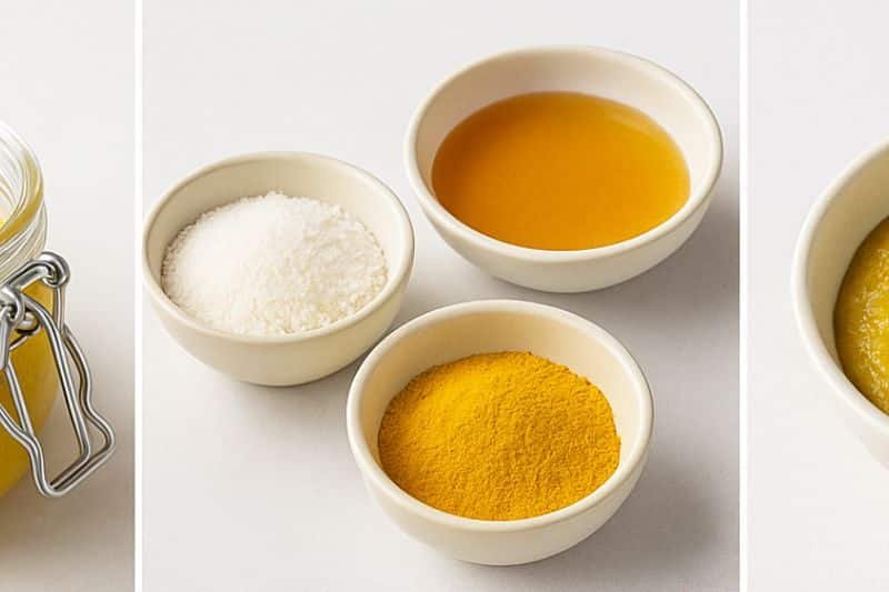 Homemade turmeric rice flour scrub ingredients in bowls