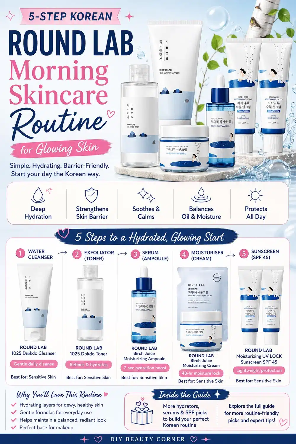5-Step Korean ROUND LAB Morning Skincare Routine for Glowing Skin