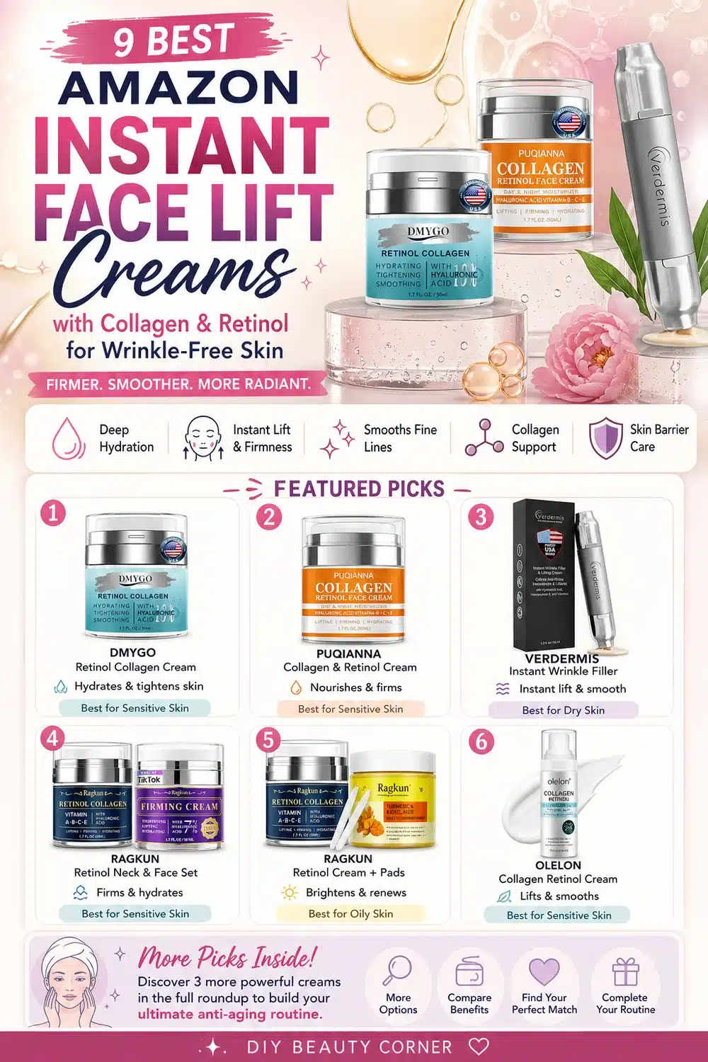 9 Best Amazon Instant Face Lift Creams with Collagen & Retinol for Wrinkle-Free Skin