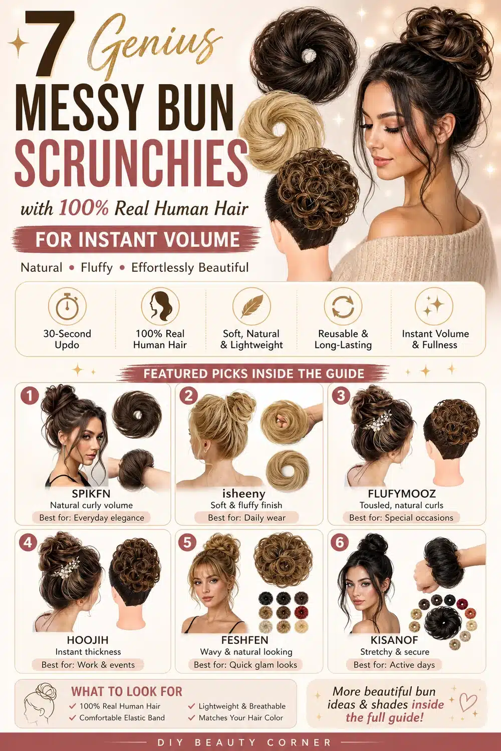 7 Genius Messy Bun Scrunchies with 100% Real Human Hair for Instant Volume