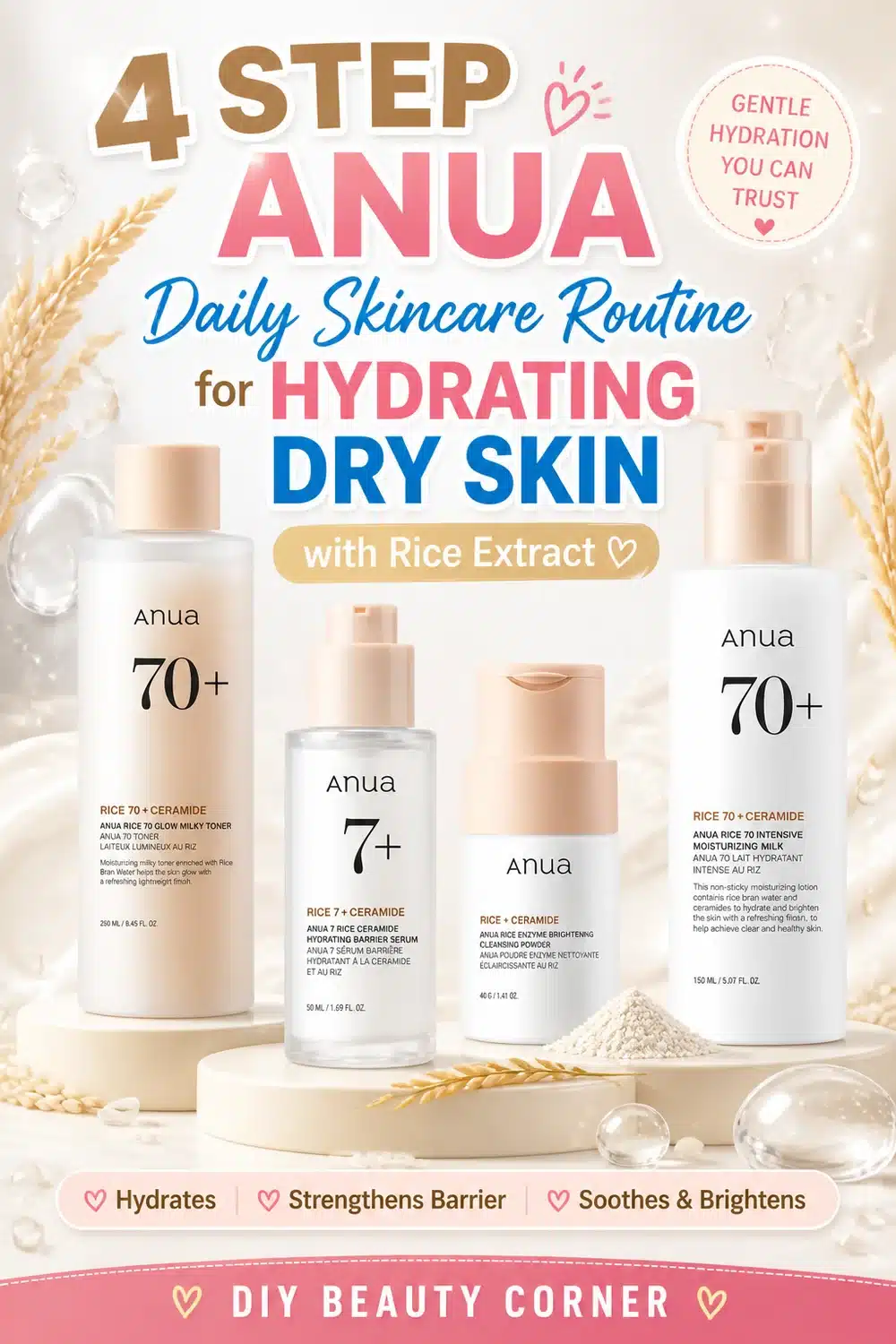 4 Step ANUA Daily Skincare Routine for Hydrating Dry Skin with Rice Extract