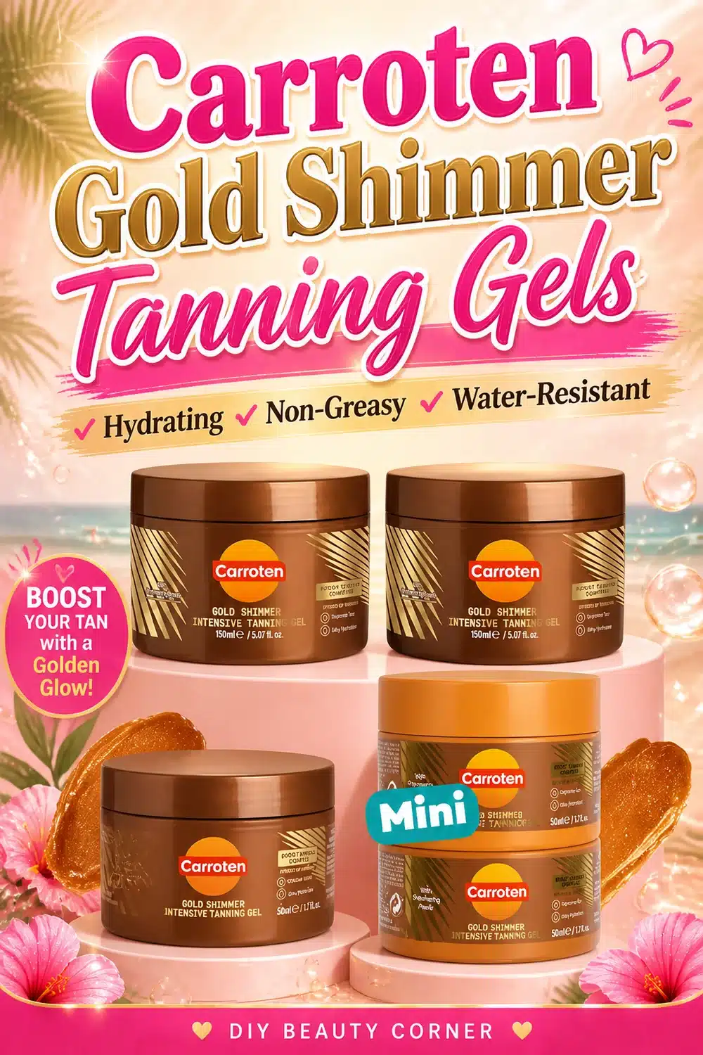 Carroten Gold Shimmer Tanning Gels: Hydrating, Non-Greasy, Water-Resistant Tan Accelerators