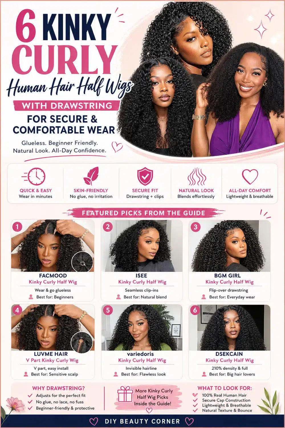 6 Kinky Curly Human Hair Half Wigs with Drawstring for Secure & Comfortable Wear